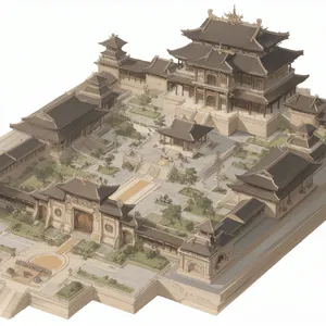 Isometric architectural illustration of an ancient Chinese temple complex showing multiple pavilions, gardens, and ceremonial spaces. Include proper roof structures and traditional ornamentation. - Krea Krea 2 Large