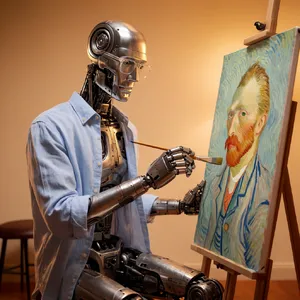 Photorealistic image of a robot painting a realistic self-portrait (i.e. the robot) on canvas, mimicking Van Gogh’s art style; clear, realistic metallic textures and painting details visible - Krea Krea 2 Large