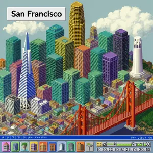 Pixel art cityscape of San Francisco in the iconic SimCity 2000 style, isometric view, detailed skyscrapers, residential areas, clearly identifiable Golden Gate Bridge, Coit Tower, Transamerica Pyramid, surrounded by the classic SimCity 2000 UI elements - Krea Krea 2 Large