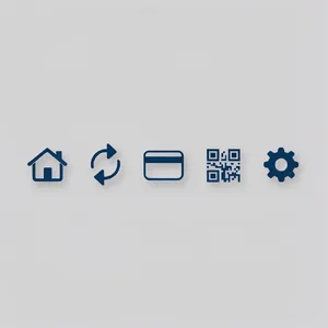 Set of 5 consistent flat design icons for a mobile banking app: 'Home', 'Transfer', 'Account', 'Scan QR', 'Settings'. Monochrome dark blue. - Krea Krea 2 Large