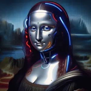 The Mona Lisa reimagined as a futuristic android, rendered in a digital art style that preserves Da Vinci's composition while incorporating sleek cyberpunk aesthetics and technological elements. - Krea Krea 2 Large