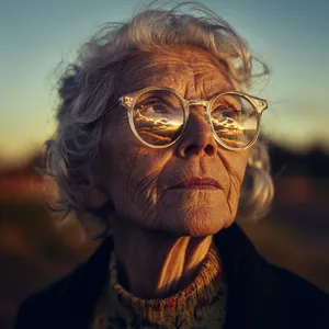 A ultra high-resolution portrait of an elderly woman with silver hair and bifocal glasses, each lens reflecting a distant landscape, captured in warm late-afternoon sunlight - Midjourney Midjourney V6.1