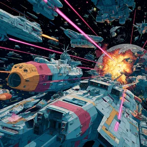 A 90s anime-style space battle scene with giant starships and laser beams. - Midjourney Midjourney v7