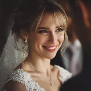 A bride on her wedding day, smiling with tears of joy in her eyes. - Midjourney Midjourney v7