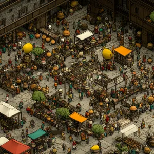 A bustling market scene with dozens of people buying and selling goods. - Midjourney Midjourney v7
