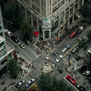 A busy city intersection with cars, pedestrians, and street performers all in one frame. - Midjourney Midjourney v7