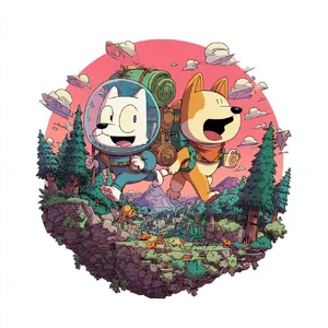 A cartoon of a cat and a dog on an adventure, drawn in a colorful 2D style. - Midjourney Midjourney v7