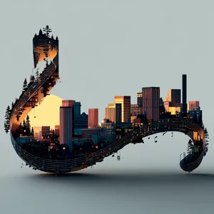 A city skyline that forms the shape of musical notes on a staff, created in a stylized graphic design aesthetic with clean architectural lines and dramatic twilight colors. - Midjourney Midjourney v7