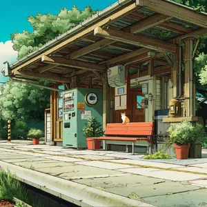A countryside train station with a cat waiting on a bench. Rendered in Studio Ghibli animation style with Miyazaki's watercolor backgrounds and hand-drawn quality. - Midjourney Midjourney v7