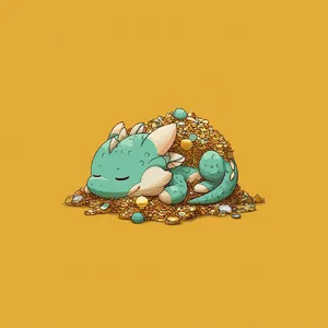 A cute chibi-style dragon sleeping on a pile of gold. - Midjourney Midjourney v7