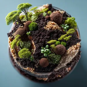 A dessert cake that looks like a tiny planet, complete with miniature trees and mountains, photographed in a professional food photography style with tilt-shift focus effect. - Midjourney Midjourney v7