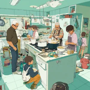 A family cooking together in a kitchen, each person busy with a different task. - Midjourney Midjourney v7