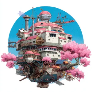 A floating steampunk castle in the sky with intricate mechanical gears and cherry blossom trees, illustrated in Hayao Miyazaki's Castle in the Sky (1986) art style with watercolor textures and detailed line work. - Midjourney Midjourney v7