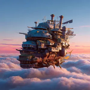 A flying castle floating in clouds at sunrise. Match the visual aesthetic of 'Howl's Moving Castle' by Studio Ghibli, with Miyazaki's blend of steampunk elements and fantasy. - Midjourney Midjourney v7