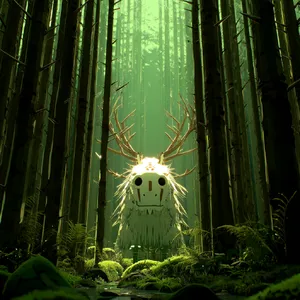 A forest spirit standing among tall trees. Replicate the artistic style of 'Princess Mononoke' by Studio Ghibli, with Miyazaki's detailed environments and mystical creature design. - Midjourney Midjourney v7