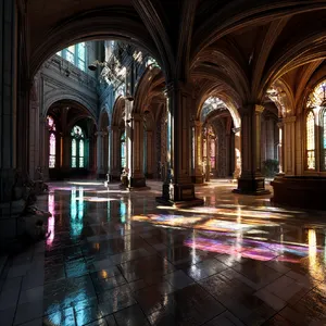 A Gothic cathedral interior at sunset with light streaming through detailed stained glass windows, creating colored patterns on stone floors and columns. Show accurate ribbed vaulting. - Midjourney Midjourney v7