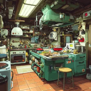 A kitchen with magical cooking implements preparing breakfast. Duplicate the artistic style of Studio Ghibli's domestic scenes, with Miyazaki's detailed settings and warm lighting. - Midjourney Midjourney v7