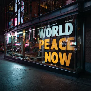 A large storefront billboard at Times Square displaying the slogan “WORLD PEACE NOW” in bold, clear letters, amidst a vibrant cityscape at night. - Midjourney Midjourney v7