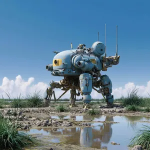 A mechanical creature in a polluted landscape. Capture the visual aesthetic of 'Nausicaä' by Studio Ghibli, with Miyazaki's mechanical designs and environmental contrast. - Midjourney Midjourney v7