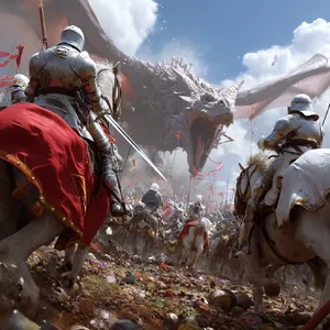 A medieval battlefield with knights on horseback and a dragon flying overhead. - Midjourney Midjourney v7