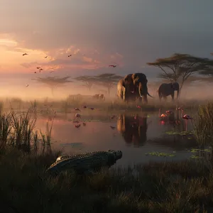 A misty dawn at an African savanna watering hole where elephants, lions, and zebras coexist in tense harmony, with a crocodile partially submerged in the foreground and flamingos taking flight in the background, golden hour lighting. - Midjourney Midjourney v7