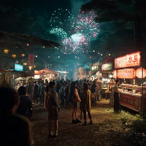 A nighttime festival with fireworks in the sky, food stalls lined up, and crowds mingling. - Midjourney Midjourney v7