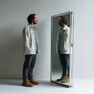A person standing before a mirror, with their front and reflected back both visible. - Midjourney Midjourney v7