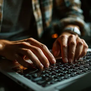 A person typing on a laptop keyboard, showing both hands on the keys. - Midjourney Midjourney v7