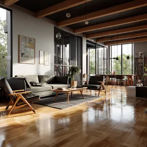 A photorealistic interior of a modern Scandinavian-style living room with natural light streaming through floor-to-ceiling windows. Show detailed wood textures, fabric materials, and proper light reflections. - Midjourney Midjourney v7