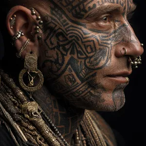 A portrait of a person with elaborate facial tattoos and piercings, shown in sharp detail. - Midjourney Midjourney v7