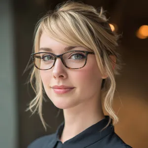 A professional headshot of a businesswoman wearing glasses, against a blurred background. - Midjourney Midjourney v7