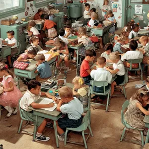 A school classroom of children and a teacher, each student engaged in a different activity. - Midjourney Midjourney v7
