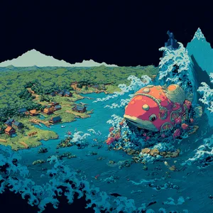 A sea creature rising from a stormy ocean near a village. Replicate the visual style of 'Ponyo' by Studio Ghibli, with Miyazaki's fluid water animations and vibrant creatures. - Midjourney Midjourney v7