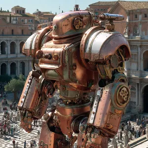 A steampunk robot time-traveling in ancient Rome, depicted in a detailed cinematic style that blends historical accuracy with copper and brass retrofuturistic aesthetics. - Midjourney Midjourney v7