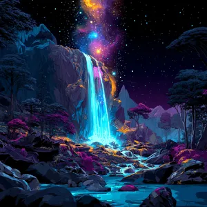 A waterfall that pours out stars and galaxies instead of water, illustrated in a cosmic fantasy style with vibrant space colors and dramatic lighting effects. - Midjourney Midjourney v7