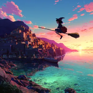A young witch flying on a broomstick above a coastal town at sunset. Exact art style of 'Kiki's Delivery Service' by Studio Ghibli, with Miyazaki's character design and warm colors. - Midjourney Midjourney v7