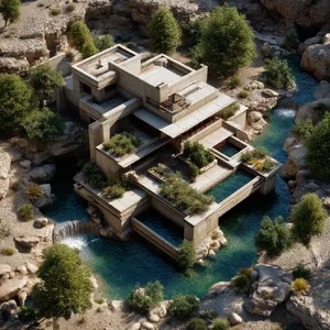 Aerial view of a modernist desert home, in the style of Frank Lloyd Wright's Fallingwater but adapted to desert conditions. Show integration with rocky landscape and water features. - Midjourney Midjourney v7