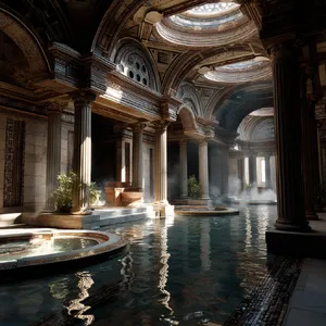 An ancient Roman bathhouse interior with accurate architectural details - marble columns, mosaic floors, arched ceilings, and steam rising from pools. Natural light from oculus openings. - Midjourney Midjourney v7