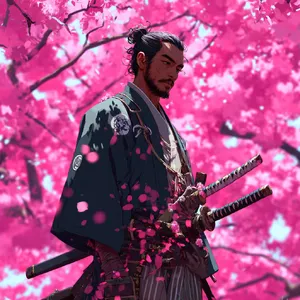 An anime-style portrait of a samurai standing under pink cherry blossoms. - Midjourney Midjourney v7