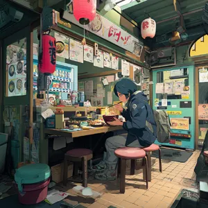 An anime scene of a character eating ramen at a small shop counter (slice-of-life style). - Midjourney Midjourney v7