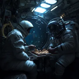 An astronaut and a deep-sea diver playing chess together inside a submarine. - Midjourney Midjourney v7