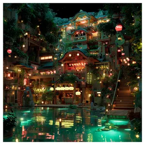 An enchanted bathhouse with glowing lanterns and spirits. Recreate the visual style of 'Spirited Away' by Studio Ghibli, with Miyazaki's ornate architecture and magical atmosphere. - Midjourney Midjourney v7