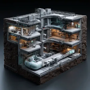 Cross-section rendering of a multi-level underground bunker with different functional areas, structural support systems, ventilation, and power generation facilities visible. - Midjourney Midjourney v7