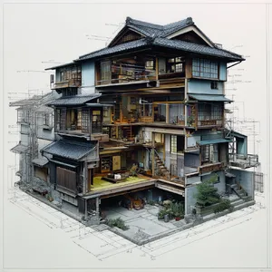 Cutaway architectural drawing of a traditional Japanese machiya townhouse showing all rooms and structural elements. Include accurate proportions, traditional joinery, and typical spatial organization. - Midjourney Midjourney v7