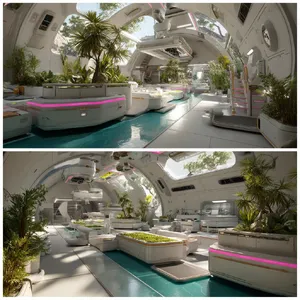 Interior of a futuristic space habitat with hydroponics gardens, communal areas, and living quarters. Show curved walls, artificial gravity considerations, and multipurpose furniture designs. - Midjourney Midjourney v7