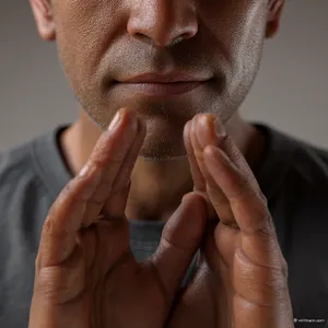 Photorealistic close-up portrait of a person clearly performing the American Sign Language gesture for 