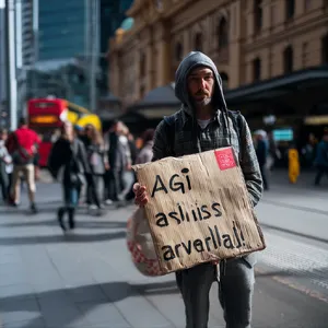 Photorealistic daytime street photograph, clearly showing a man standing still on a busy urban street corner holding a rectangular cardboard sign clearly facing camera, handwritten bold black marker text clearly readable as 