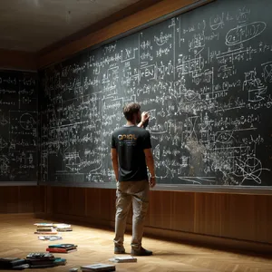 Photorealistic depiction of a man wearing a clearly visible black OpenAI-branded T-shirt. He is standing at the front of a university lecture hall, writing complex mathematics and AI-related equations across a large, dusty chalkboard filled with notation - Midjourney Midjourney v7