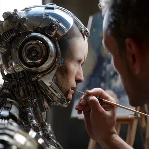 Photorealistic image of a robot painting a realistic self-portrait (i.e. the robot) on canvas, mimicking Van Gogh’s art style; clear, realistic metallic textures and painting details visible - Midjourney Midjourney v7