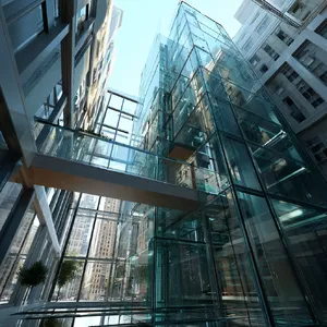 Photorealistic rendering of a contemporary glass skybridge between two skyscrapers, seen from inside with city views visible through glass walls and floor. Show accurate reflections and structural details. - Midjourney Midjourney v7